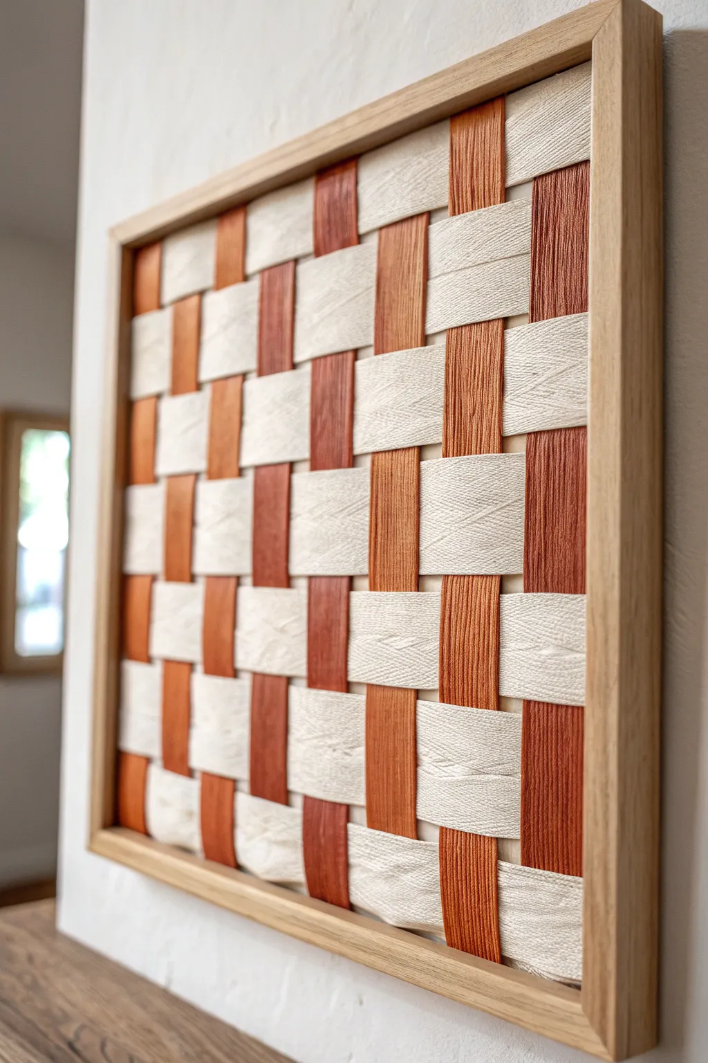 Chunky paper weave checker square in soft neutrals, minimalist and bold with handcrafted texture.