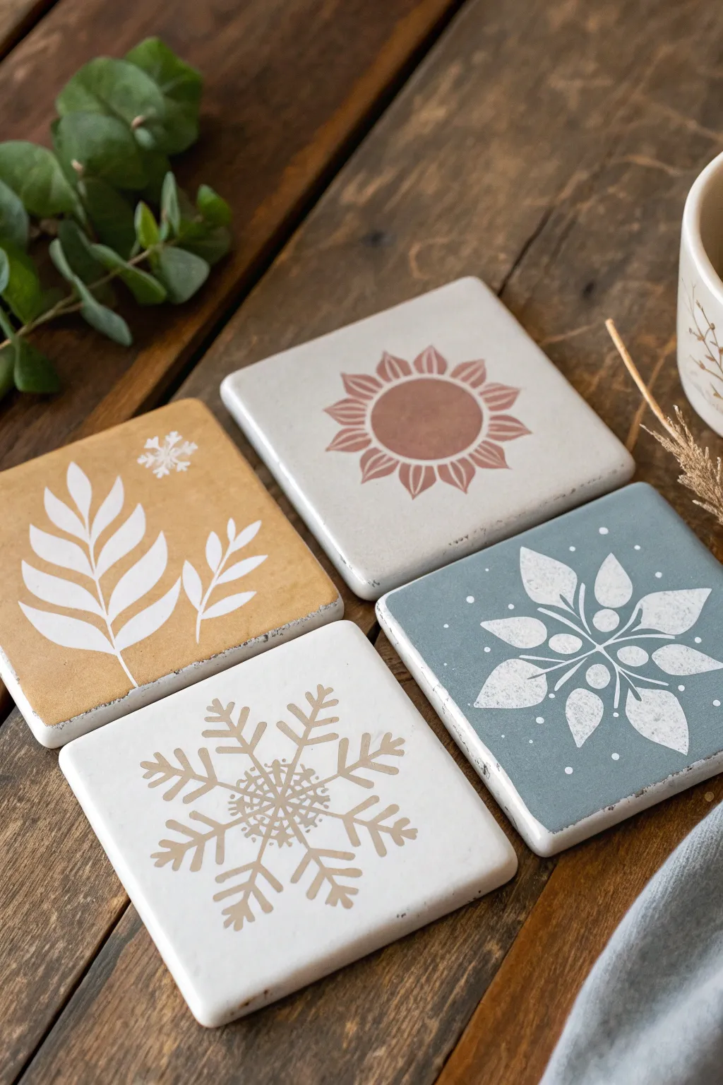 Seasonal mini motifs on square coasters, a minimalist set of four in soft boho neutrals.