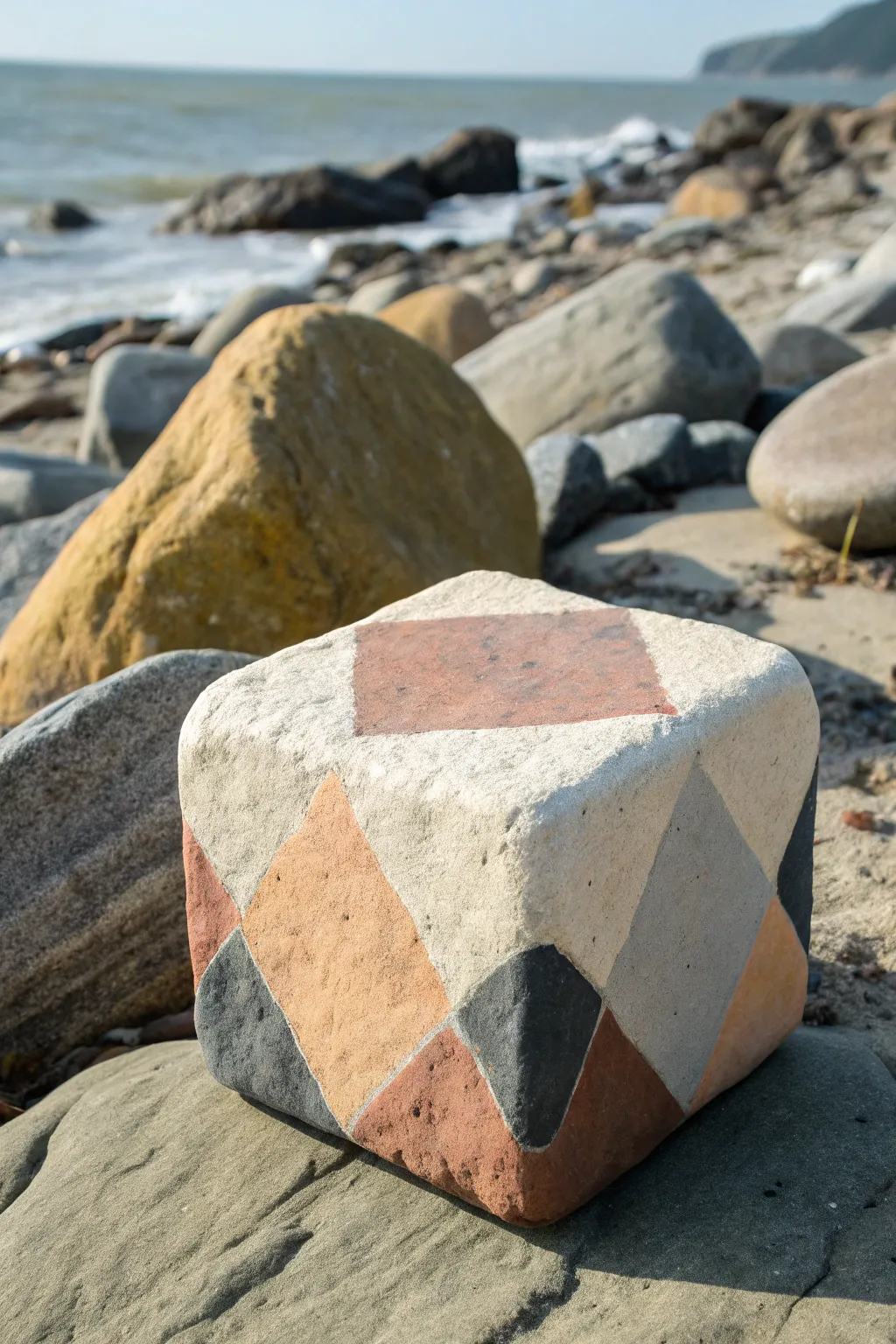 Square rock with an isometric cube illusion, minimalist boho palette and crisp shadow contrast.