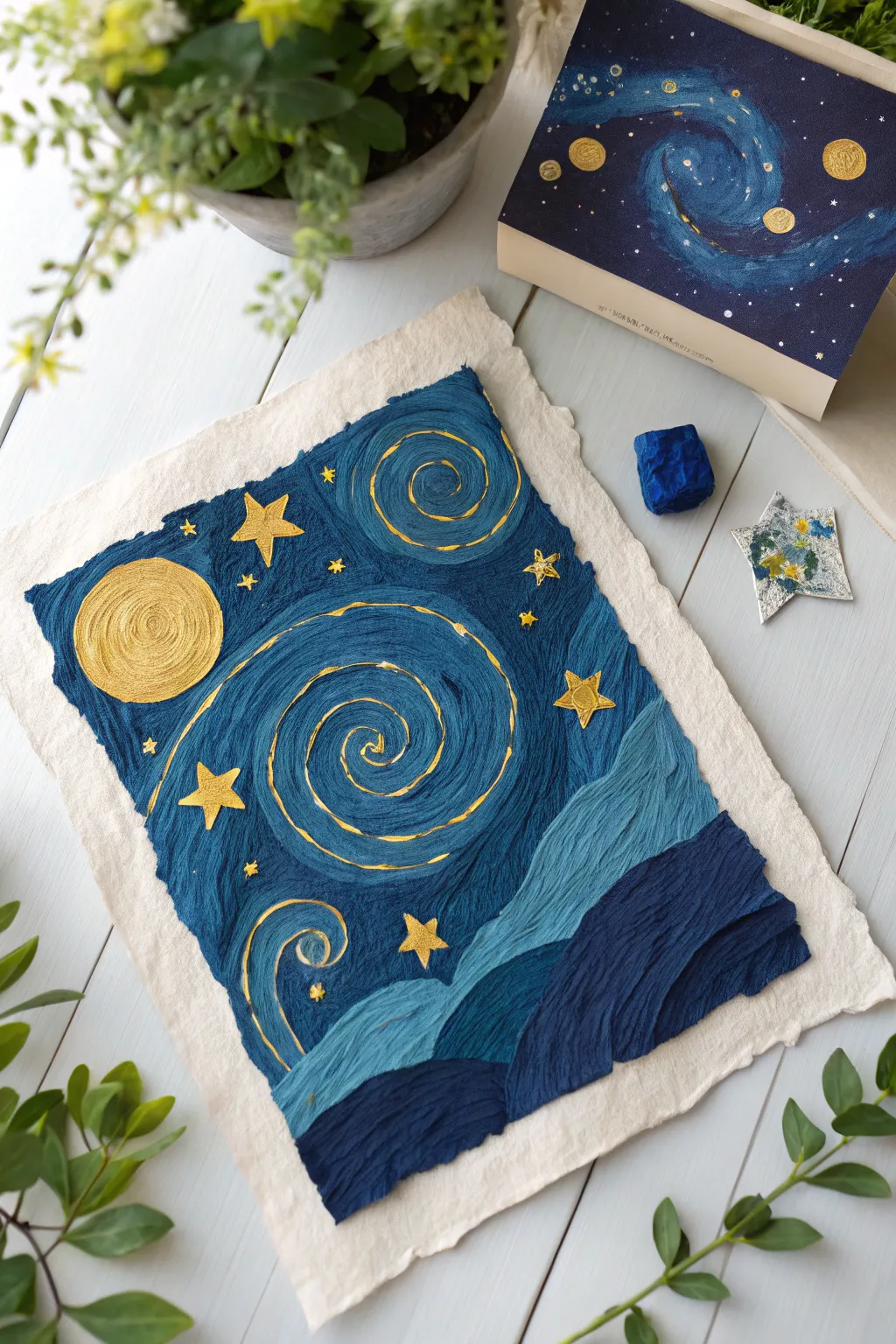 Create a dreamy torn-paper starry night collage with swirling blues and glowing yellow stars.