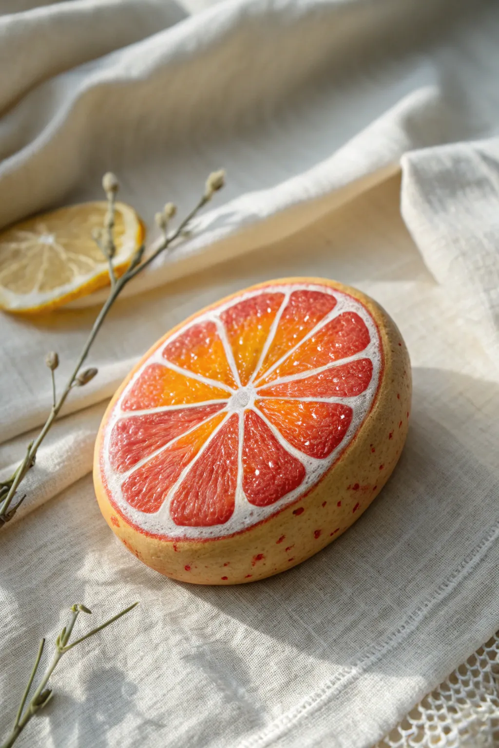 Juicy citrus-slice painted stone on linen, a fresh minimalist summer rock painting idea.