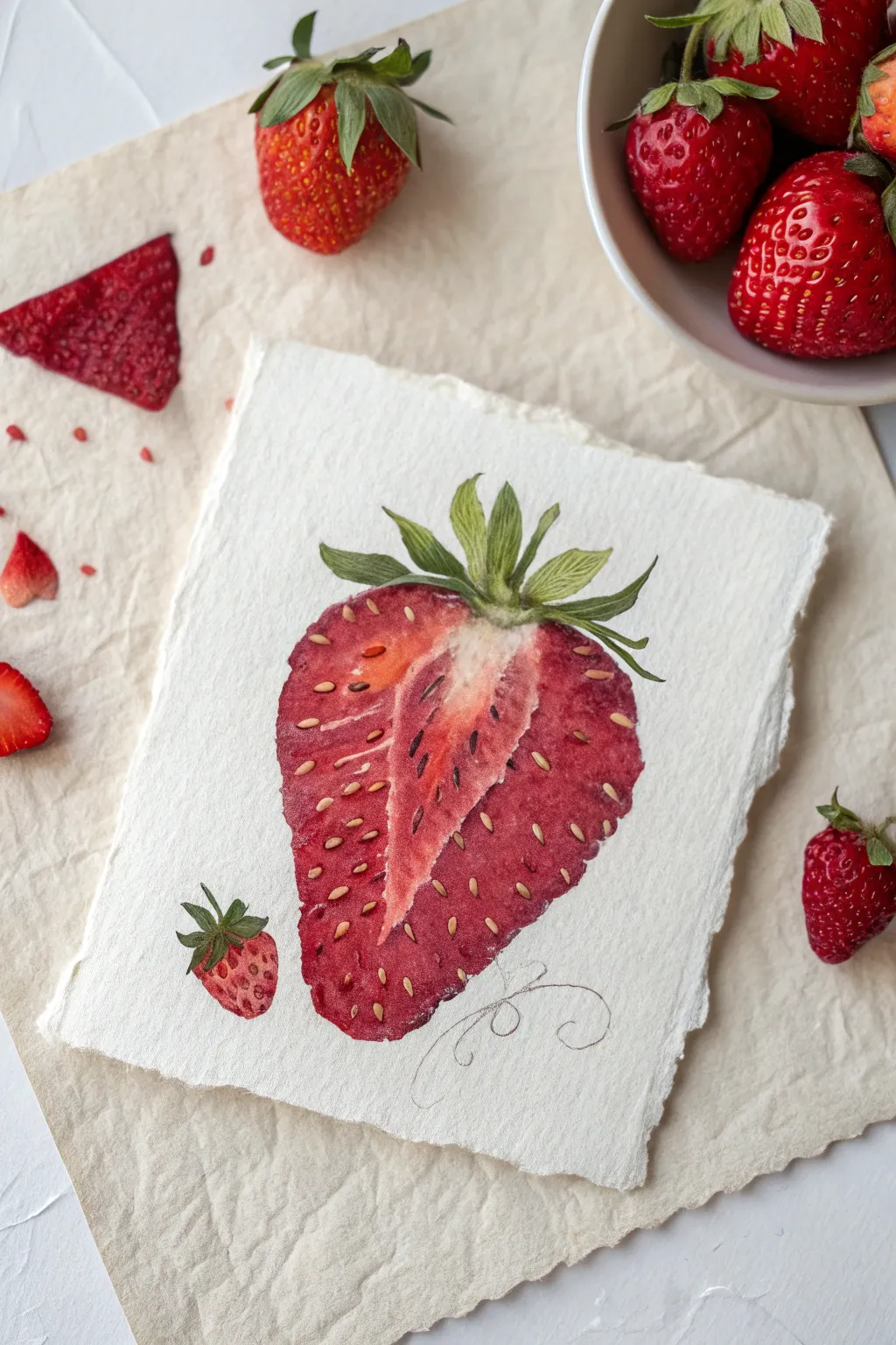 Mixed media strawberry collage with torn paper layers and painted seeds, clean Nordic vibe