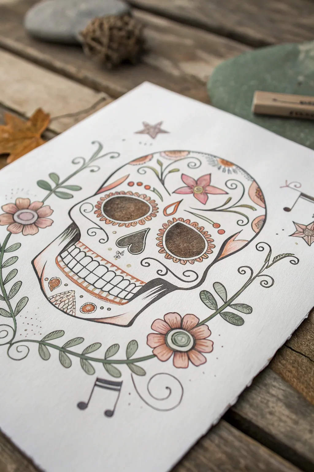 Minimal sugar skull with blank name banner and tiny tribute icons in a soft Scandinavian boho style