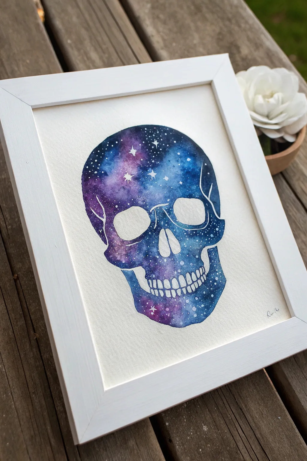 Galaxy sugar skull with crisp negative space and star speckles, a magical minimalist painting idea