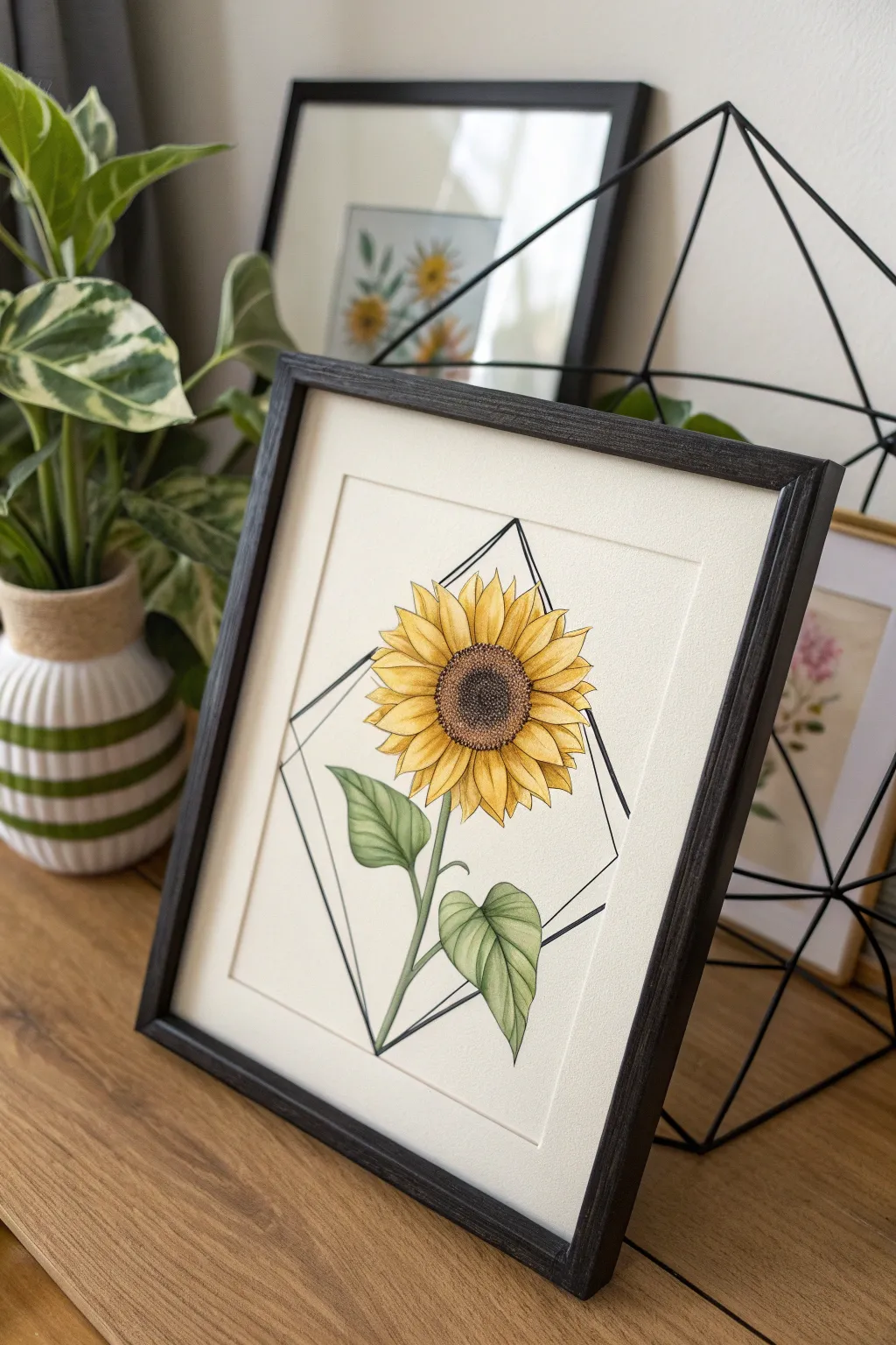 Modern sunflower in a geometric frame, clean lines and bold contrast for minimalist boho style.