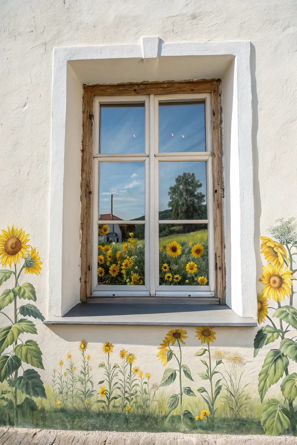 Sunflower window illusion mural idea for bright, minimalist walls with a boho touch.