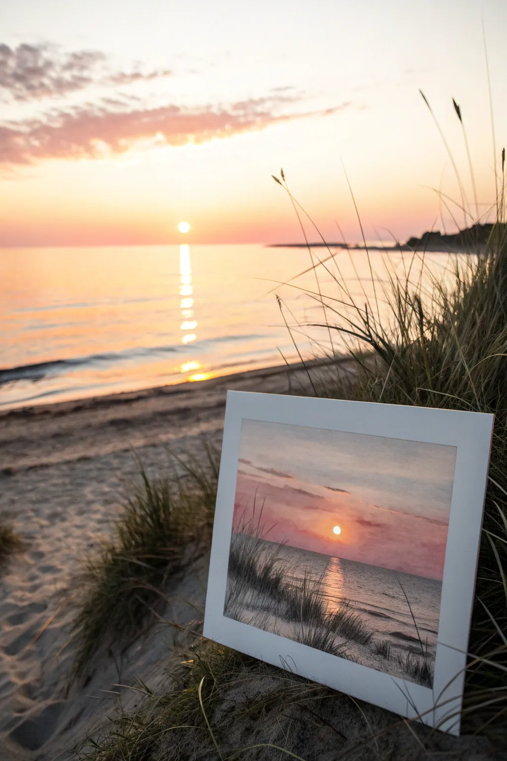 Paint a dreamy double-sun sunrise with minimalist silhouettes and glowing reflections.