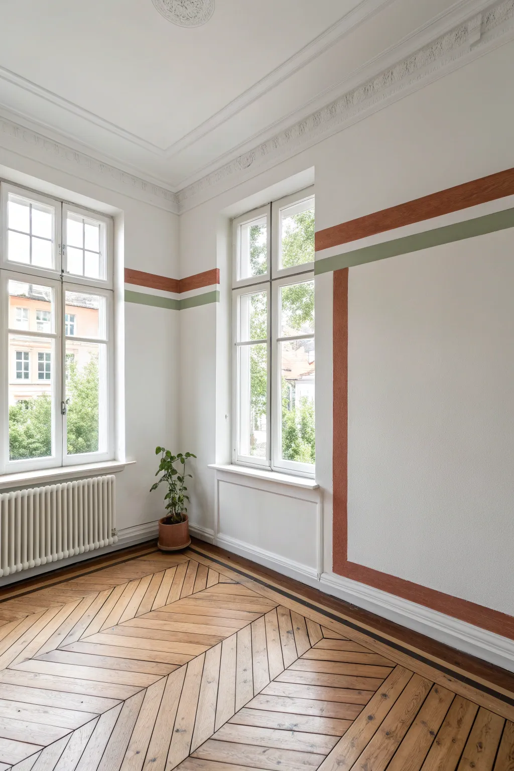 Seamless tape geometry wrapping across a corner for a clean, boho-minimal statement wall