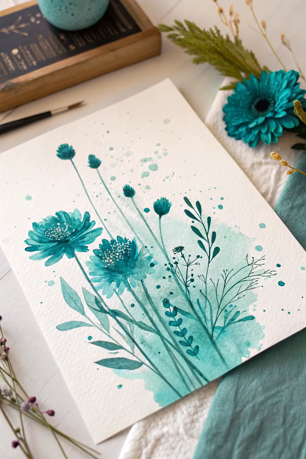 Teal ink drips and splashes on crisp white paper, minimalist abstract with bold contrast.