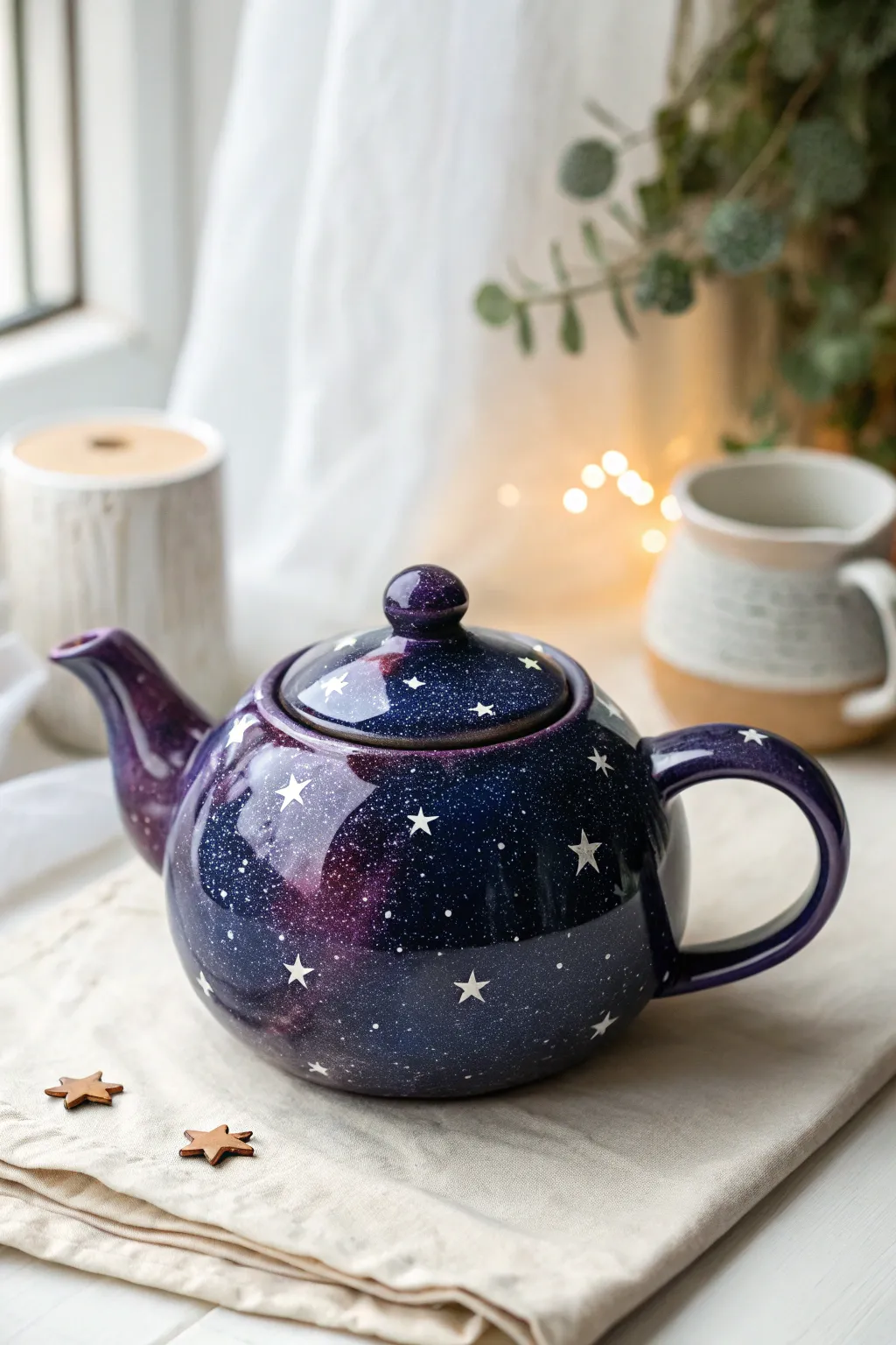 Galaxy night sky teapot: deep navy, purple nebula glow and delicate star splatter details