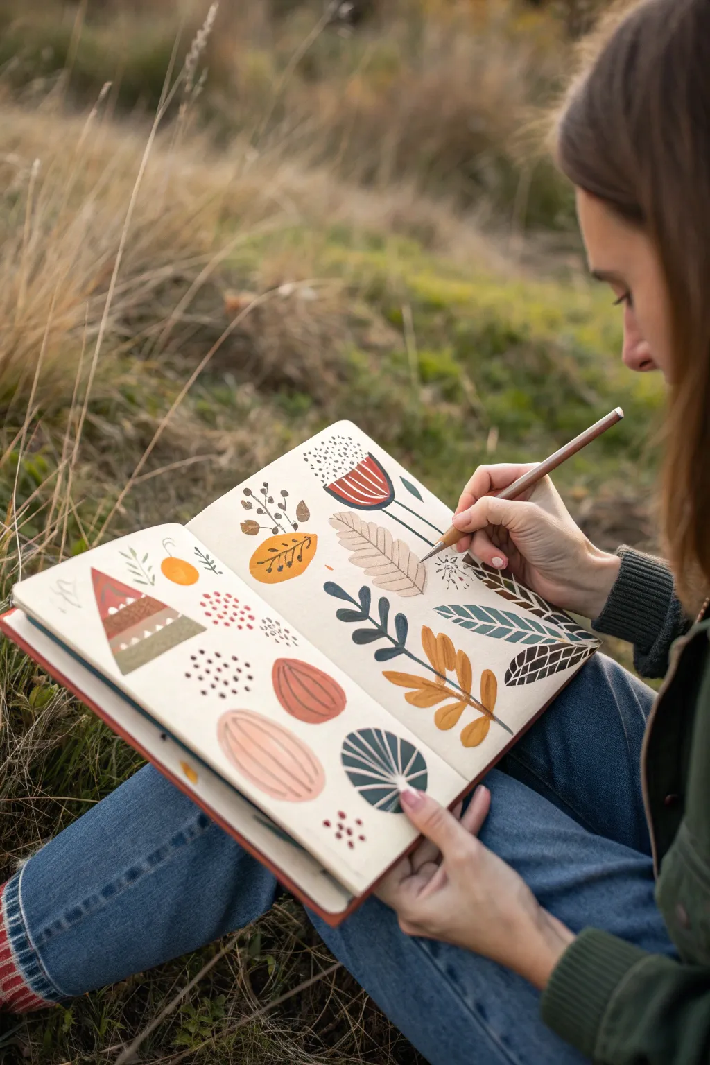 Low-mess tempera paint stick doodles on a flat art journal page, bright color on calm minimal styling