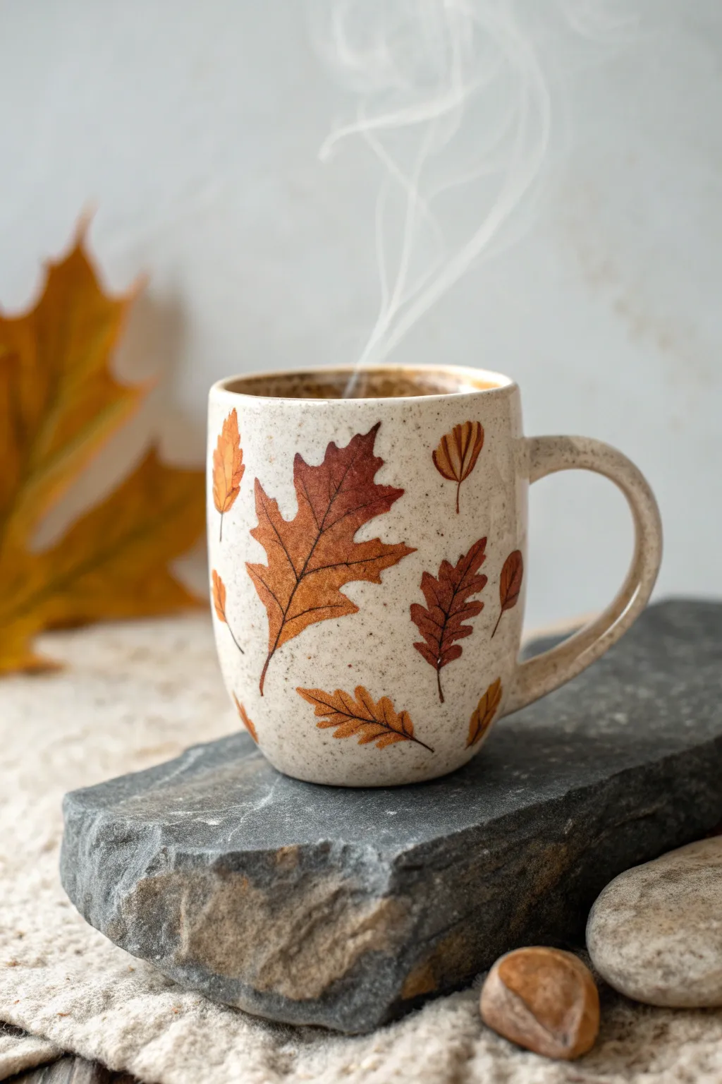 Cozy mug painted rock with soft steam curls and tiny fall leaves in warm harvest tones