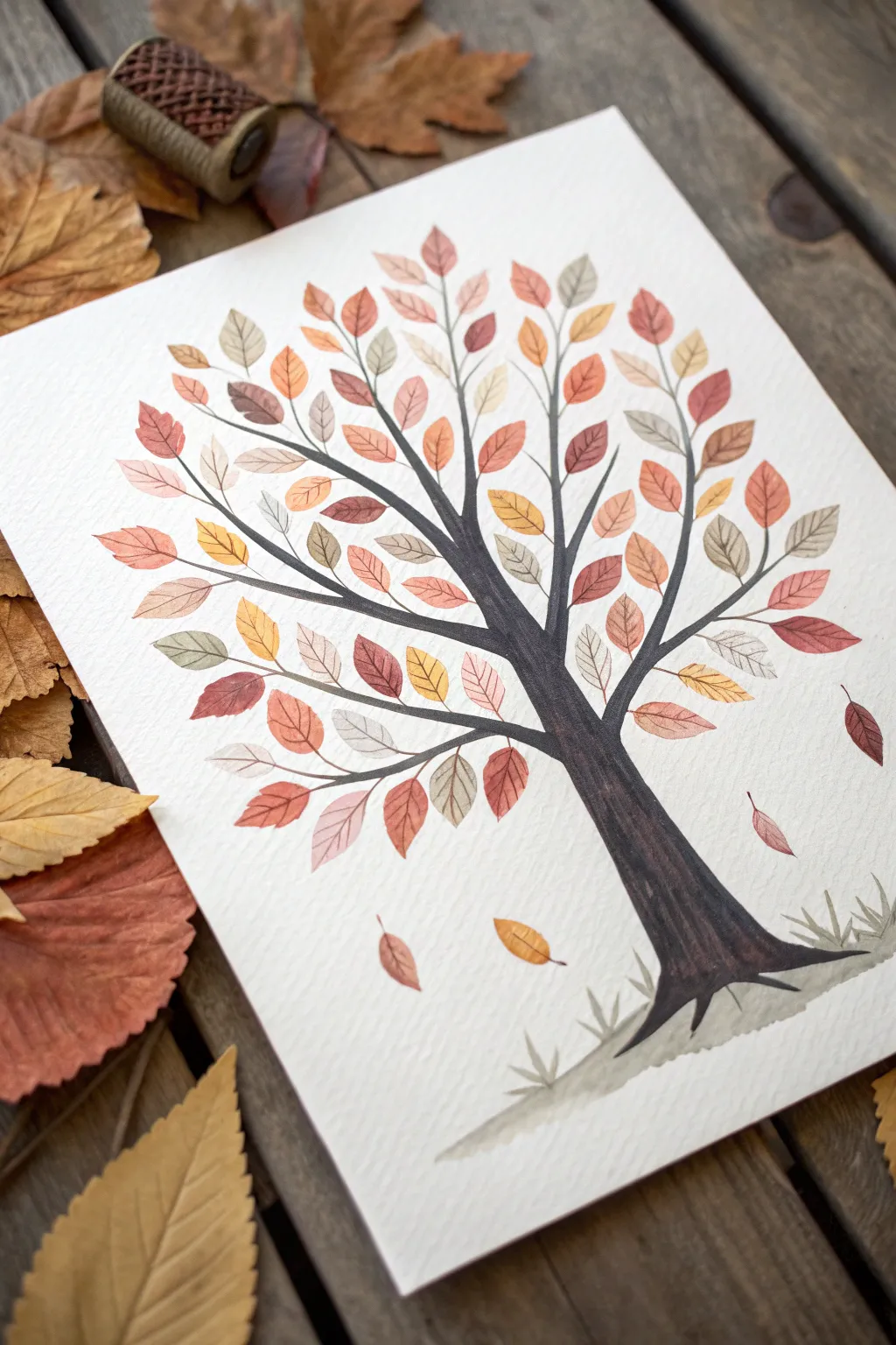 Paint a minimalist gratitude tree with blank autumn leaves for a sweet Thanksgiving tradition.