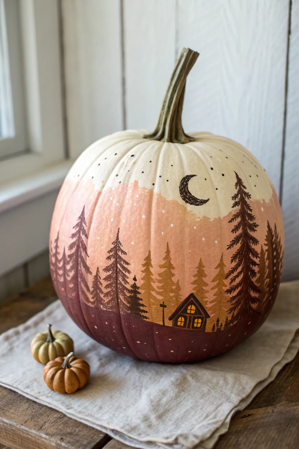 Cozy woodland-scene pumpkin in muted fall tones for a minimalist, storybook harvest vibe