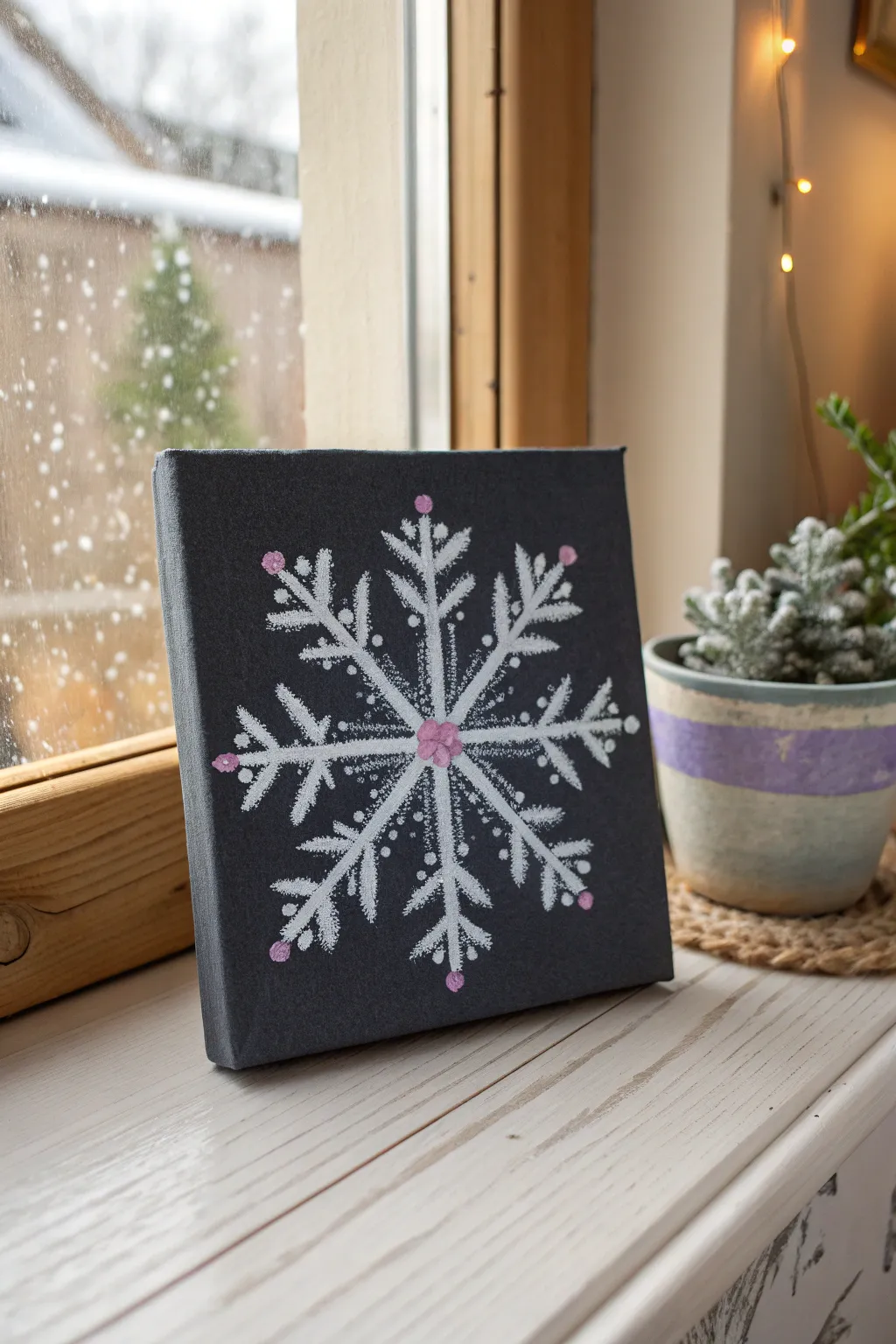 Salt and glue sparkle snowflakes on dark canvas, with salty texture and soft watercolor blooms.
