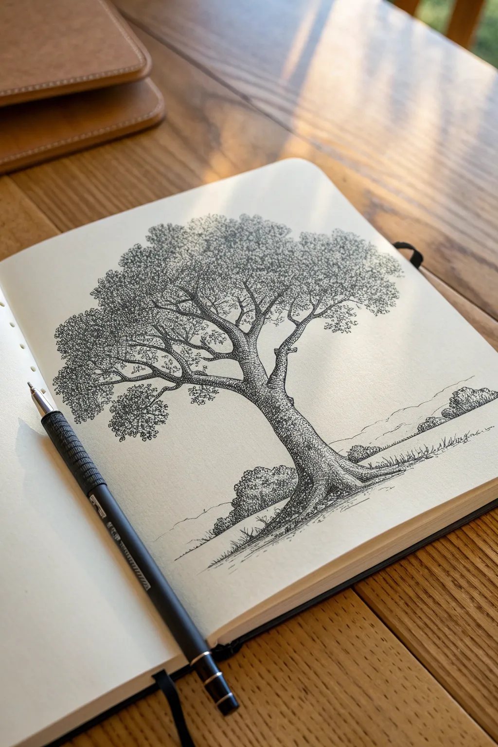 Pointillism tree canopy with layered dot sizes and softly fading edges for gentle leaf texture