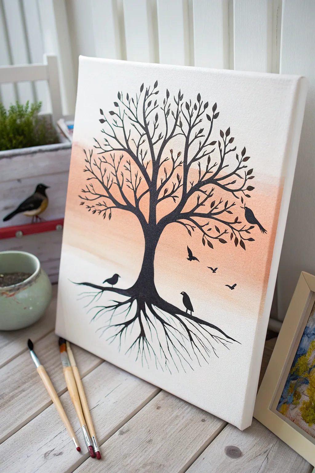 Minimal Tree of Life with bird and wildlife silhouettes, high-contrast and boho calm