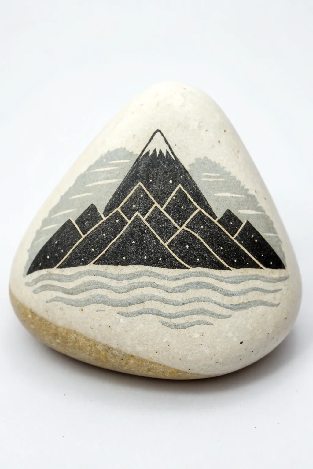 Layered mountain landscape on a triangle rock, minimalist tones with soft boho warmth