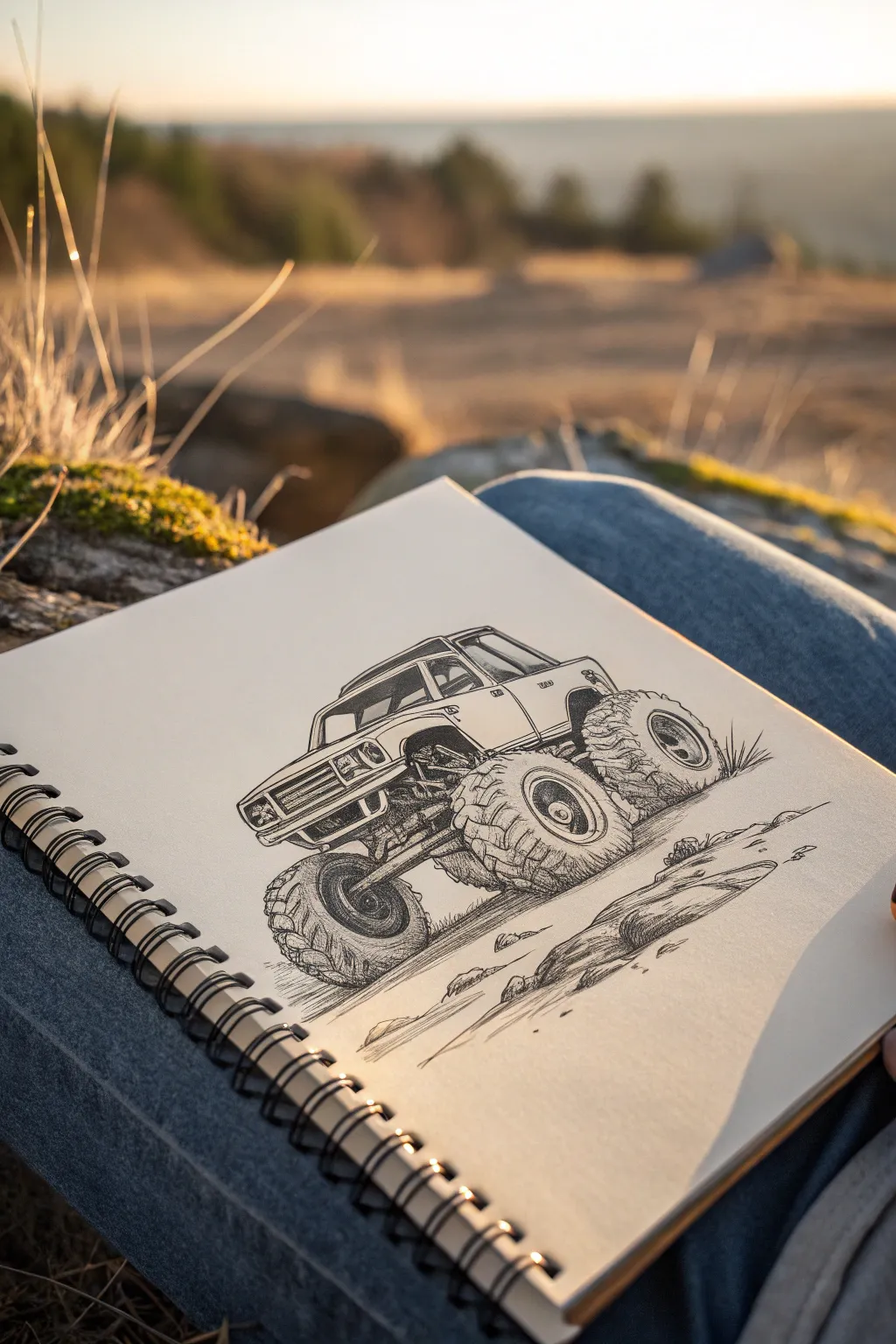 Monster-style truck from below with oversized tires, bold undercarriage shapes, and clean contrast.