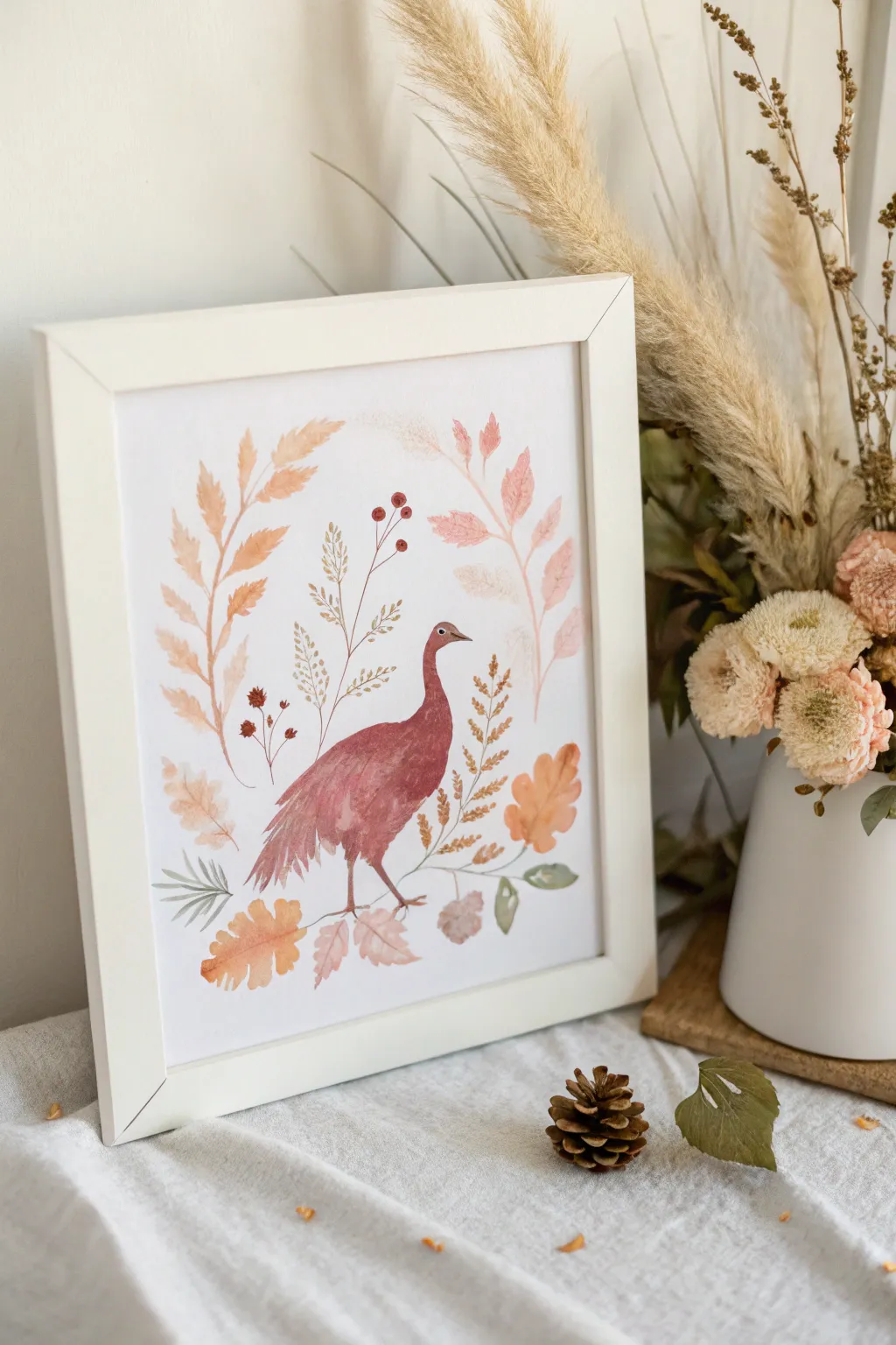 Crisp negative space turkey silhouette framed by a soft boho watercolor wash