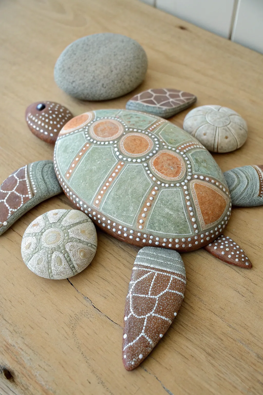 Minimalist boho 3D turtle made from painted rocks, a chic multi-stone sculpture idea.