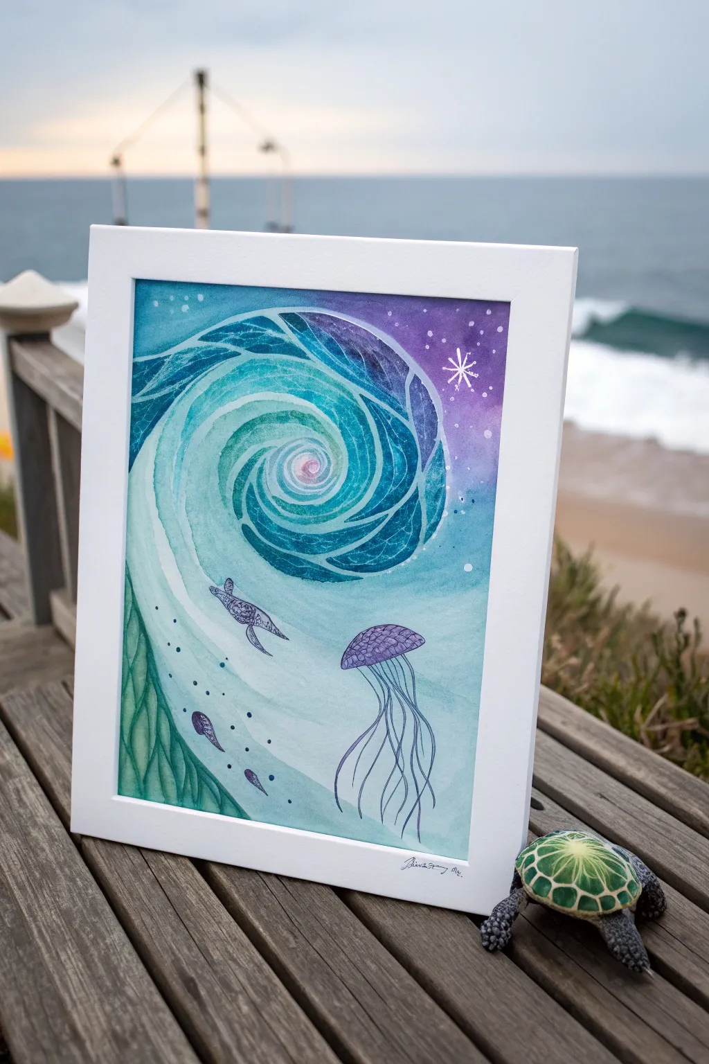 Abstract undersea swirl in blues and greens with hidden fish, turtle and jellyfish silhouettes