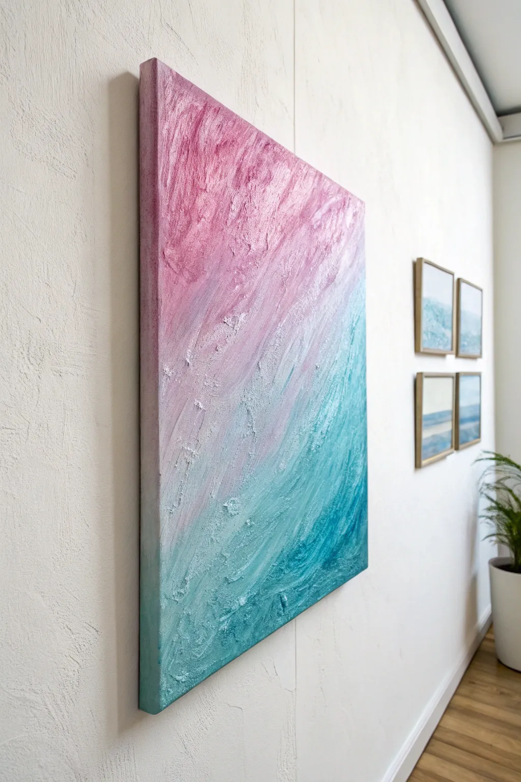 Iridescent interference pigments turn one minimalist canvas into a shifting, light-reactive finish.