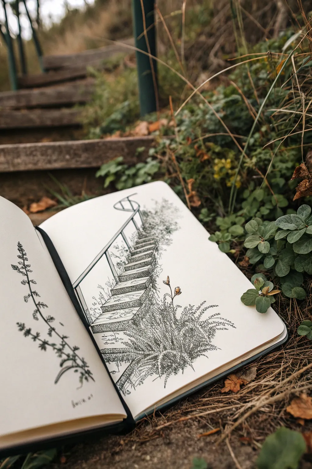 Impossible staircase turns to wild vines in a minimalist sketchbook drawing for fresh creative ideas