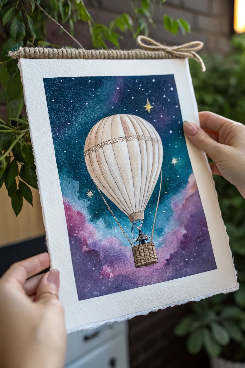A softly glowing hot air balloon drifting through pastel nebula clouds and tiny stars
