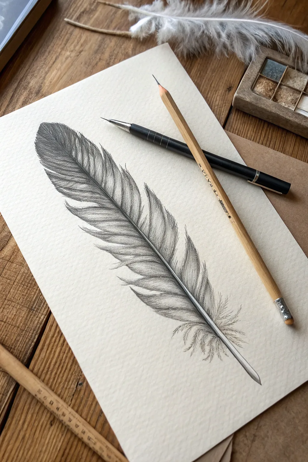 One feather, seven clear value steps, a minimalist study that doubles as a value scale