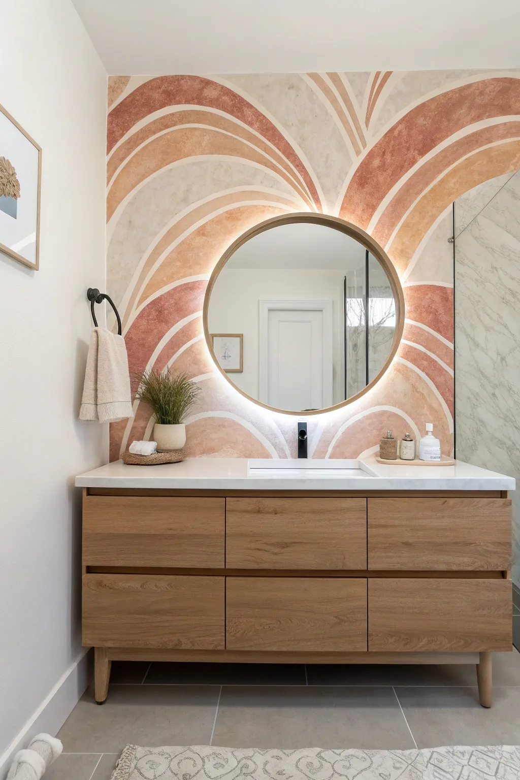 Soft hand-painted arches behind the vanity create a serene, modern-boho bathroom statement.
