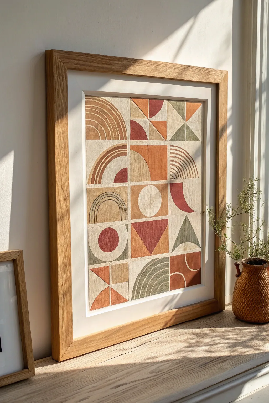 Mixed-media collage wall art with painted shapes and paper texture, warm Scandinavian boho feel
