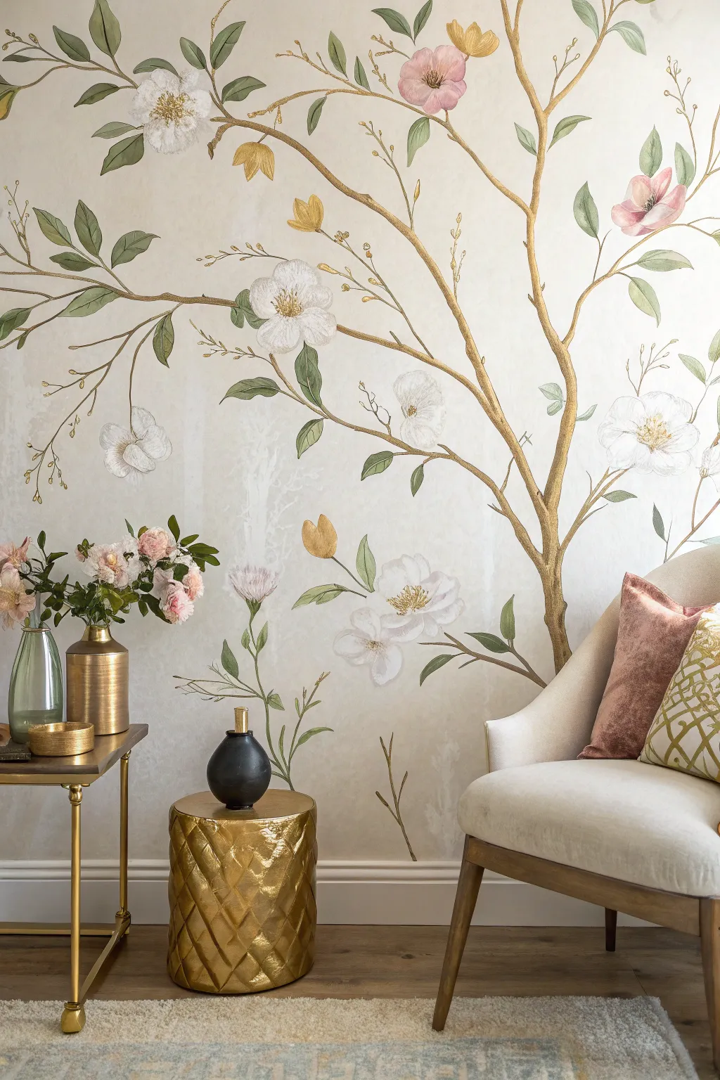 Elevate your space with shimmering gold leaf accents on a hand-painted floral mural.