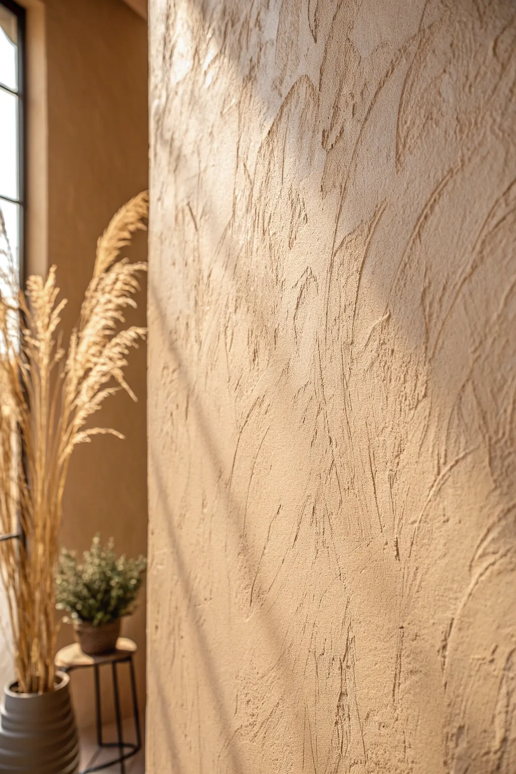 Tone-on-tone dry-brush wall texture in soft clay beige, lit to reveal handcrafted strokes.