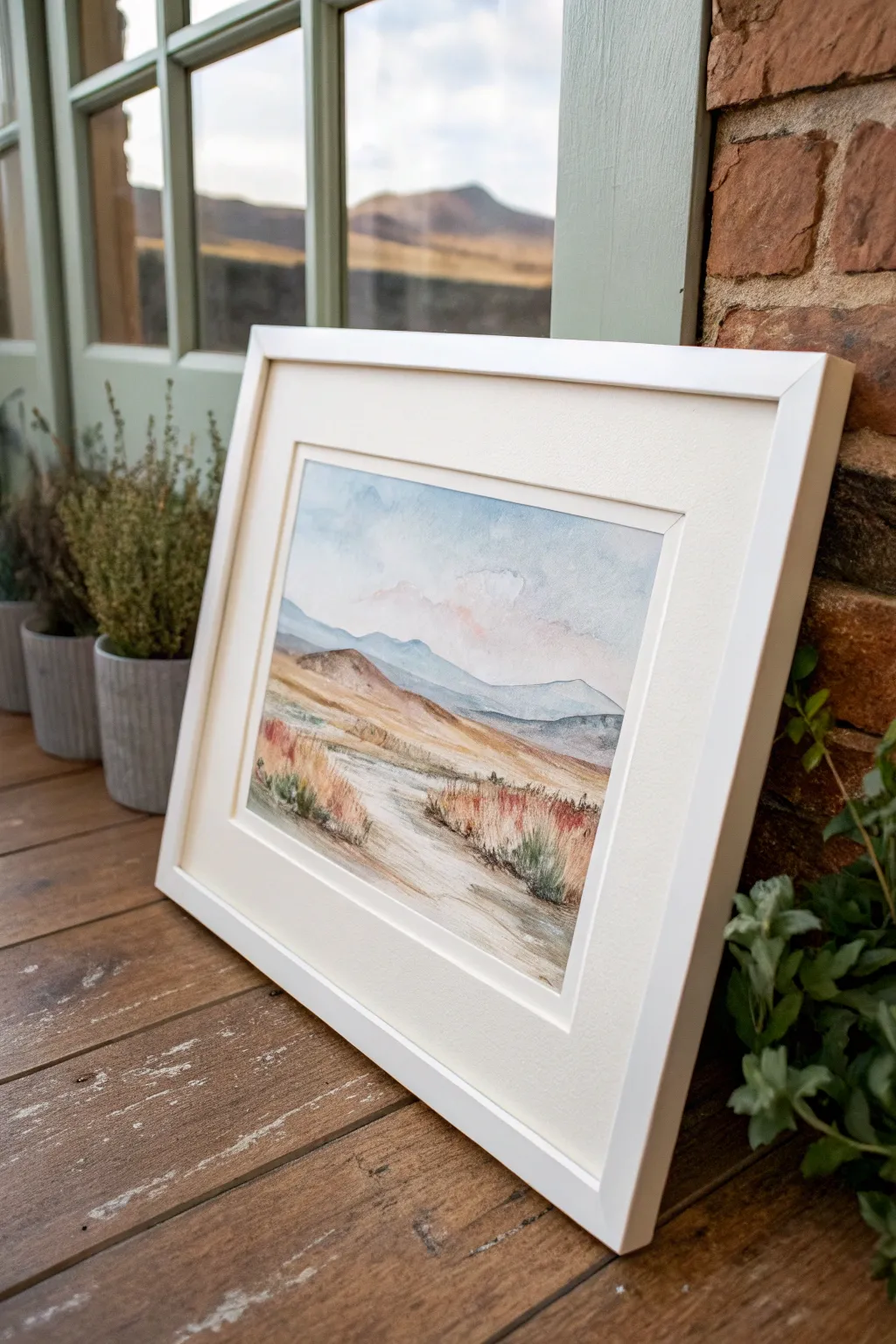 Soft-edged double-frame watercolor landscape with playful reeds breaking the border