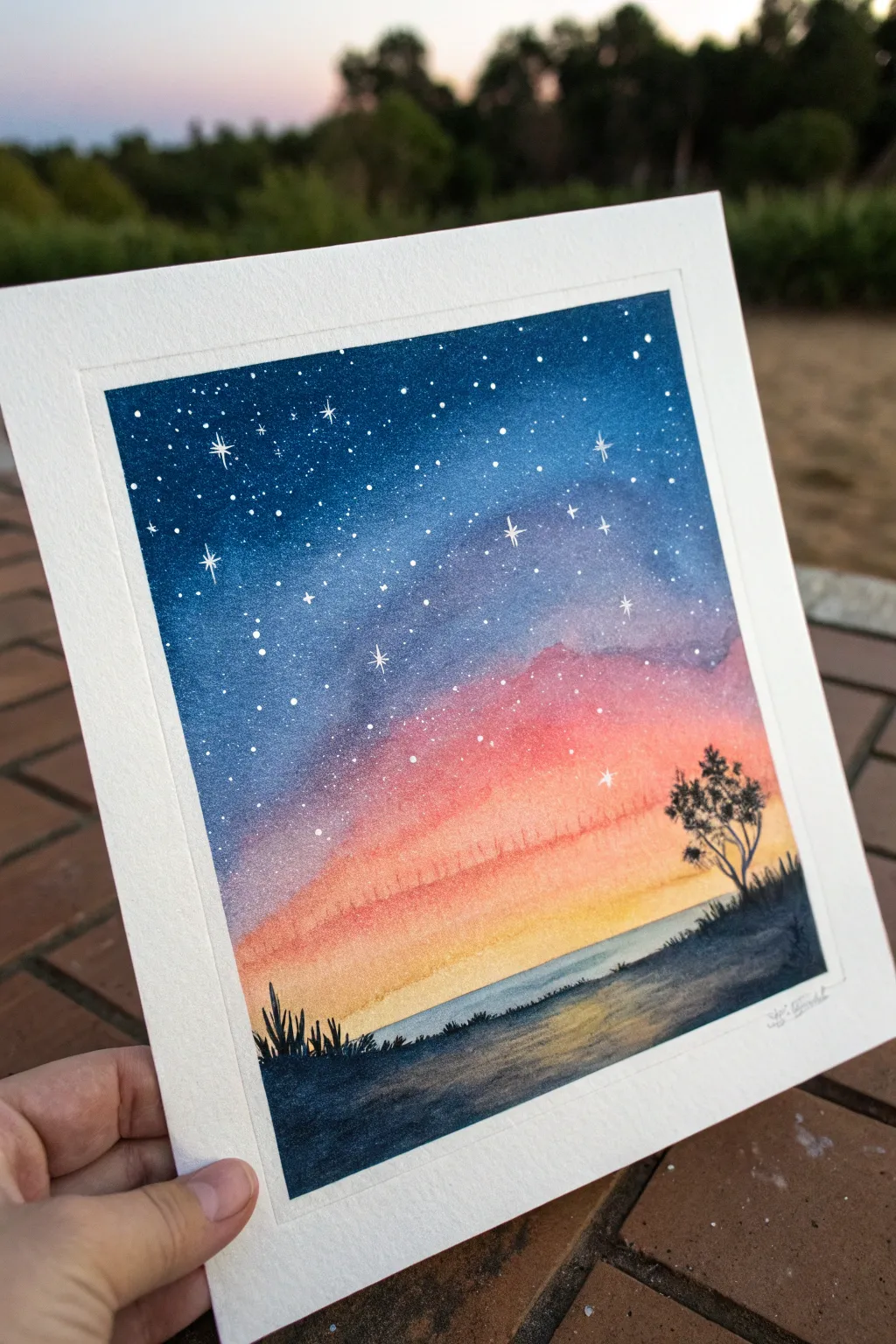 Paint a galaxy sunset wash that fades into indigo night, dotted with soft star speckles.
