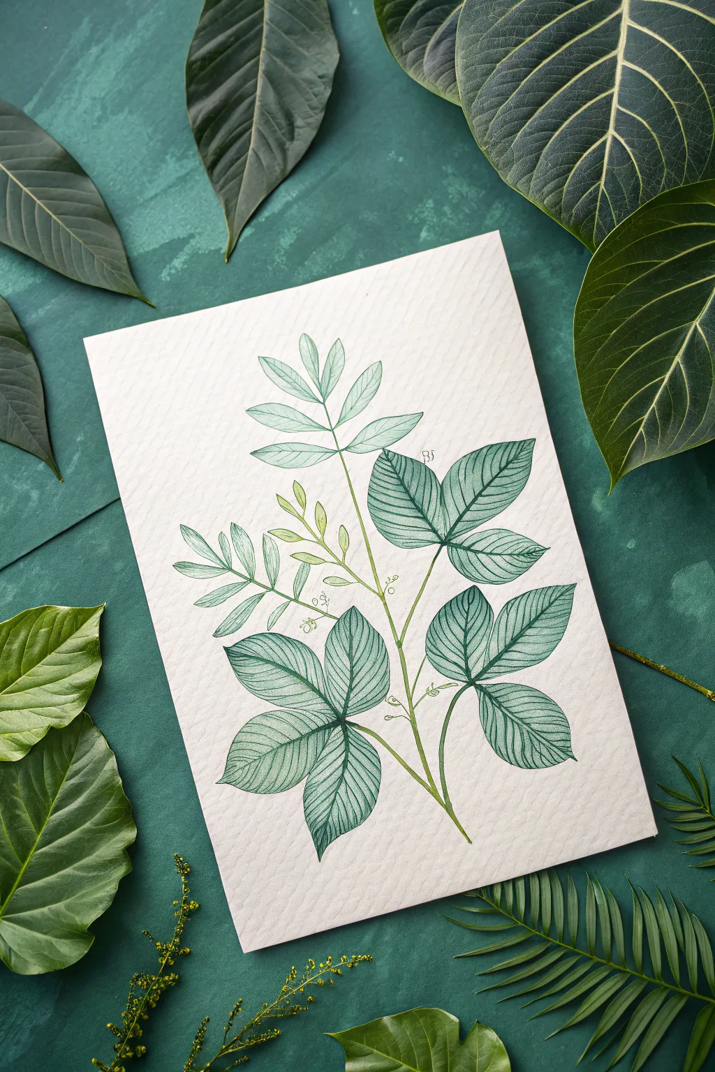 Negative-space leaves in watercolor pen wash, highlights lifted with water for crisp airy contrast.