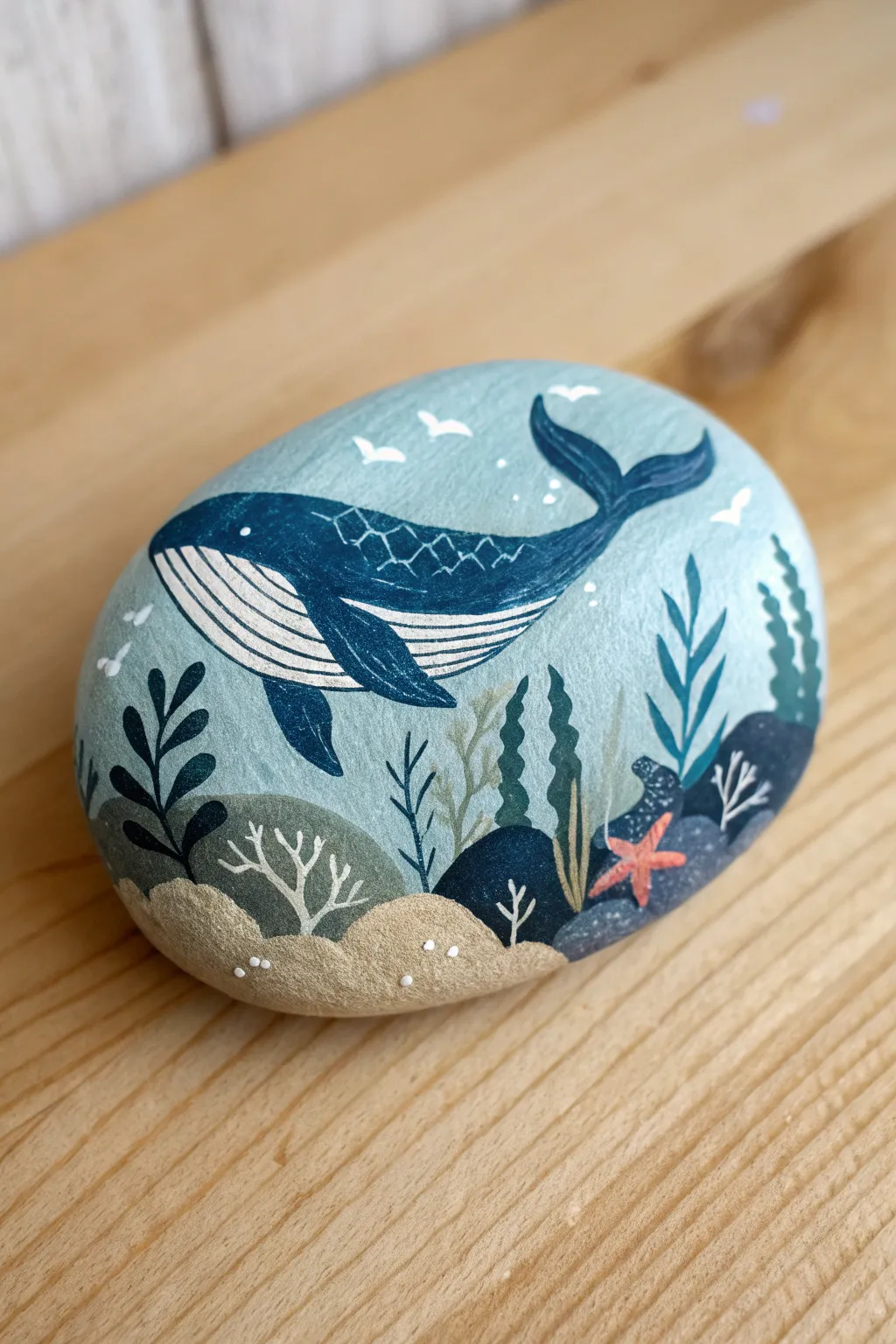 Wraparound whale rock with tiny ocean details for an easy, calming coastal craft.