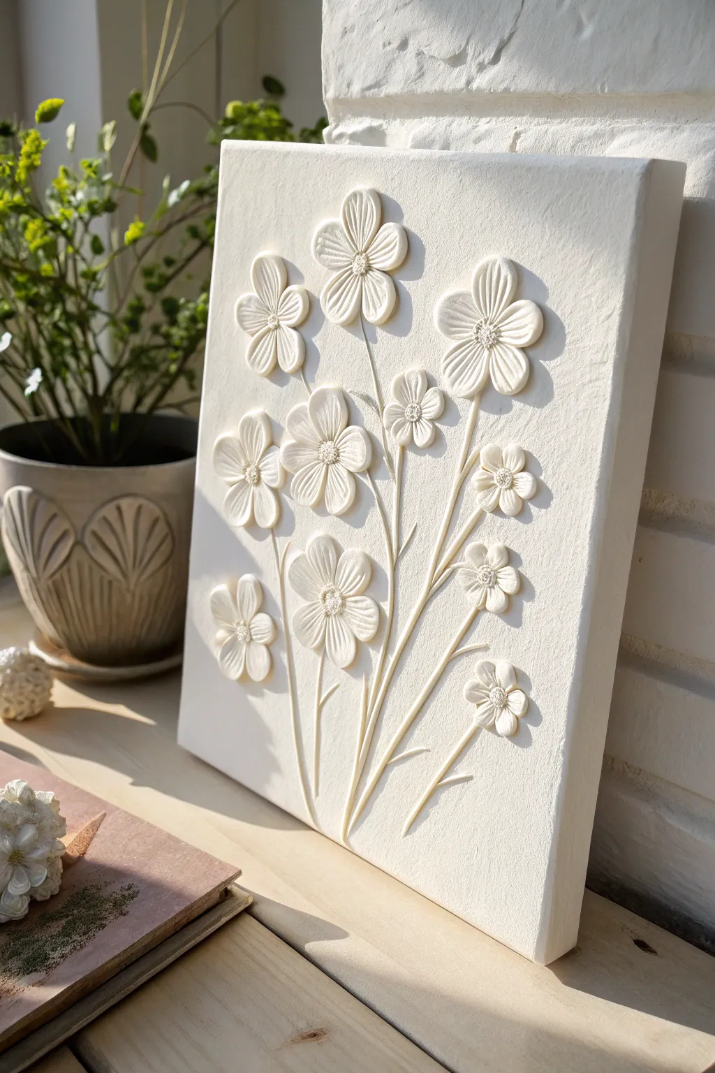Minimal raised white florals on a clean canvas, perfect for elegant monochrome texture art.