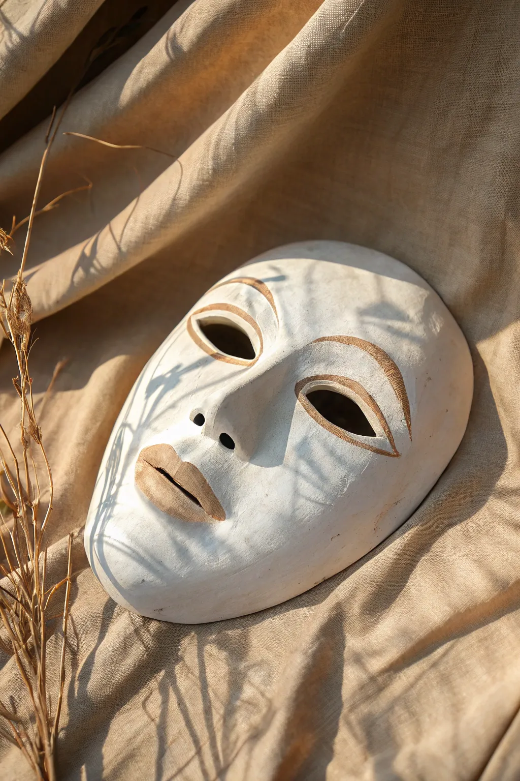 A minimalist white mask split into calm and rage, showcasing bold contrast and hand-painted texture