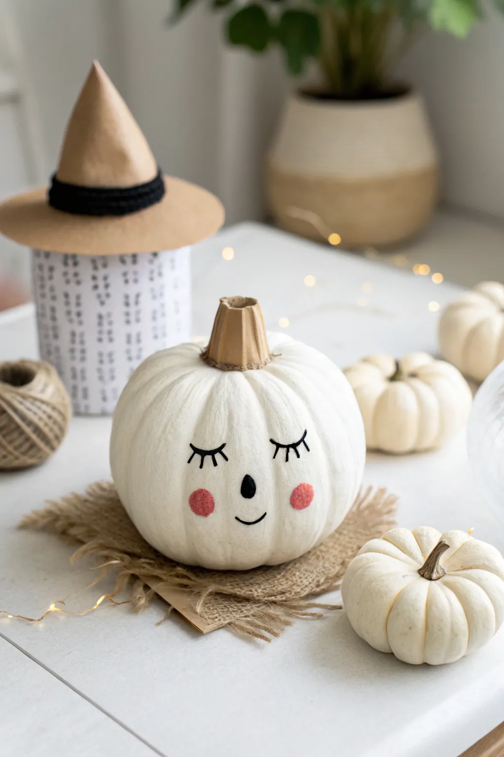 Playful mixed-media character on a white pumpkin, minimalist boho styling and crisp contrast.
