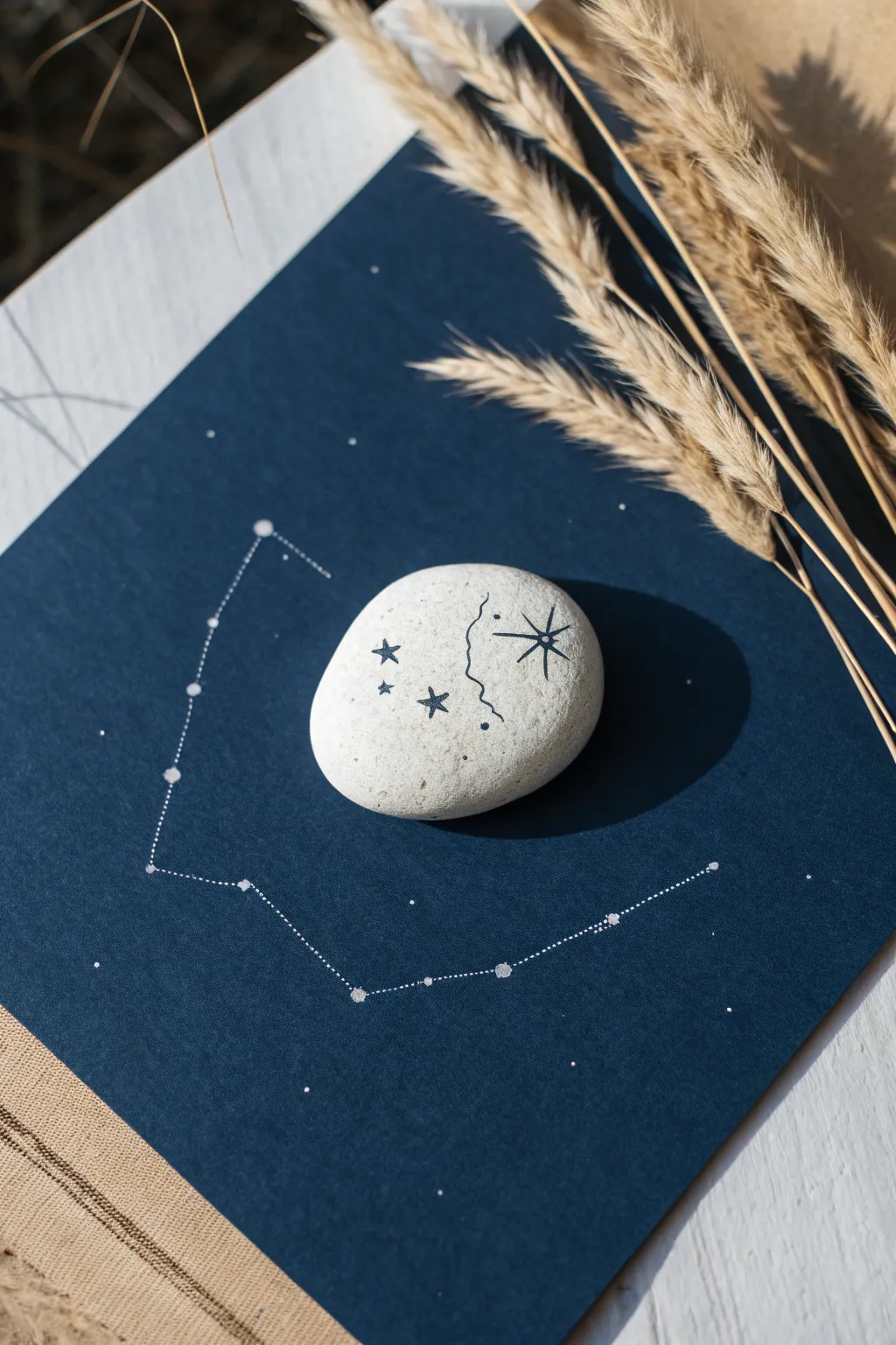 Elegant black constellation lines on a white rock, set on deep navy for a dreamy star map look.