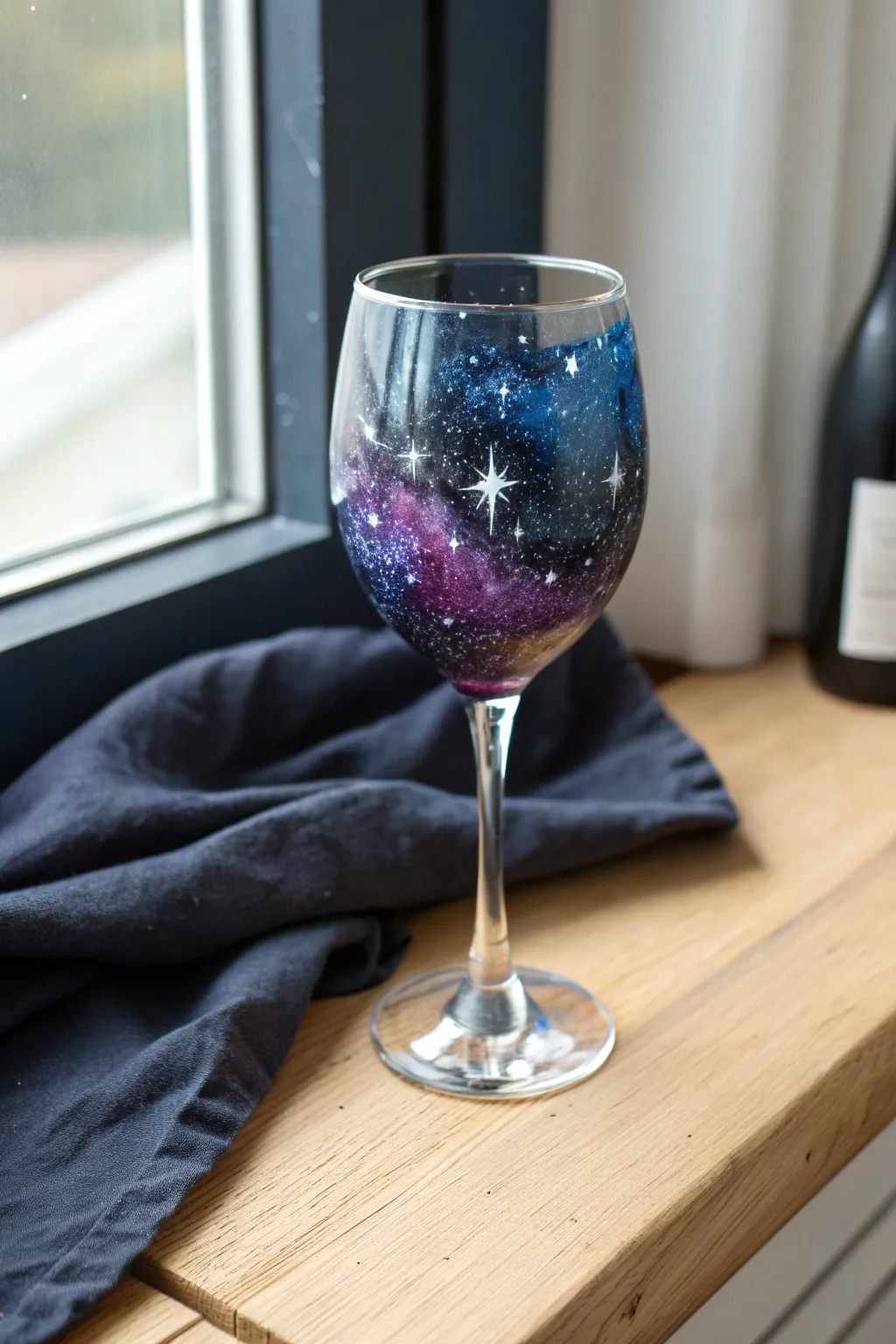Sponged galaxy wine glass in deep blues and purples, crisp star speckles, clean high contrast.