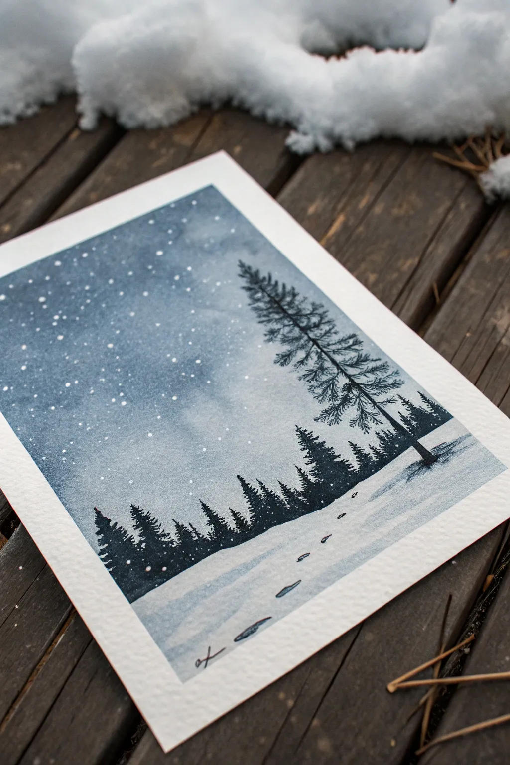 Winter landscape sketch showing splatter snowfall and clean negative space for crisp snowy ground