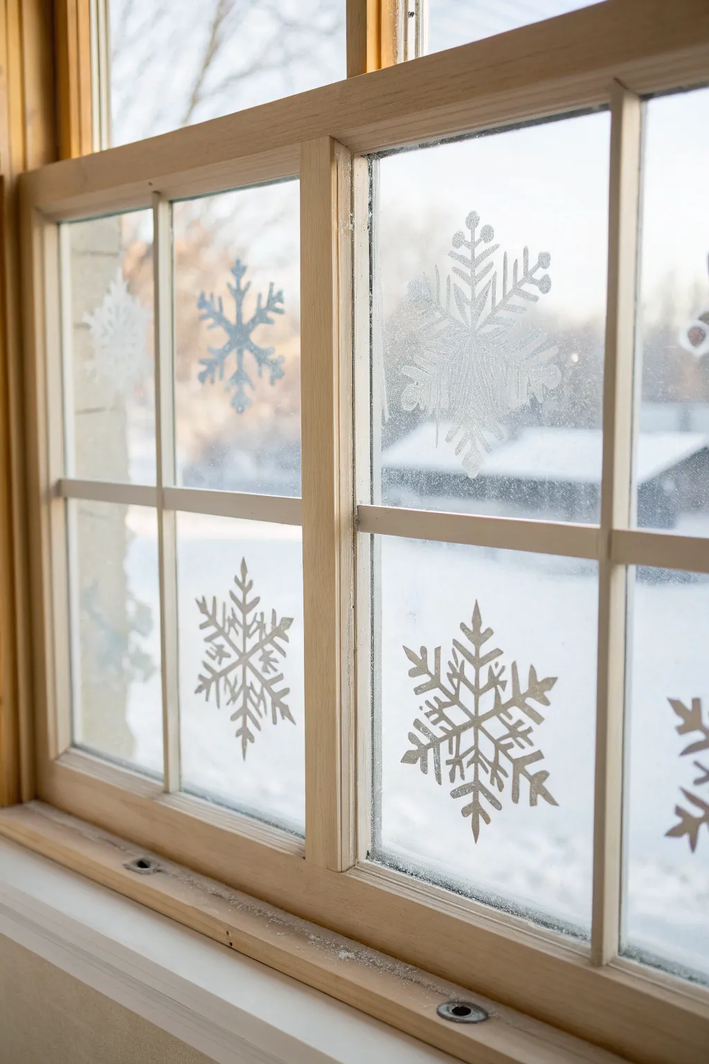 Crisp tape-resist snowflakes on a frosty wash window, minimalist winter craft inspiration.