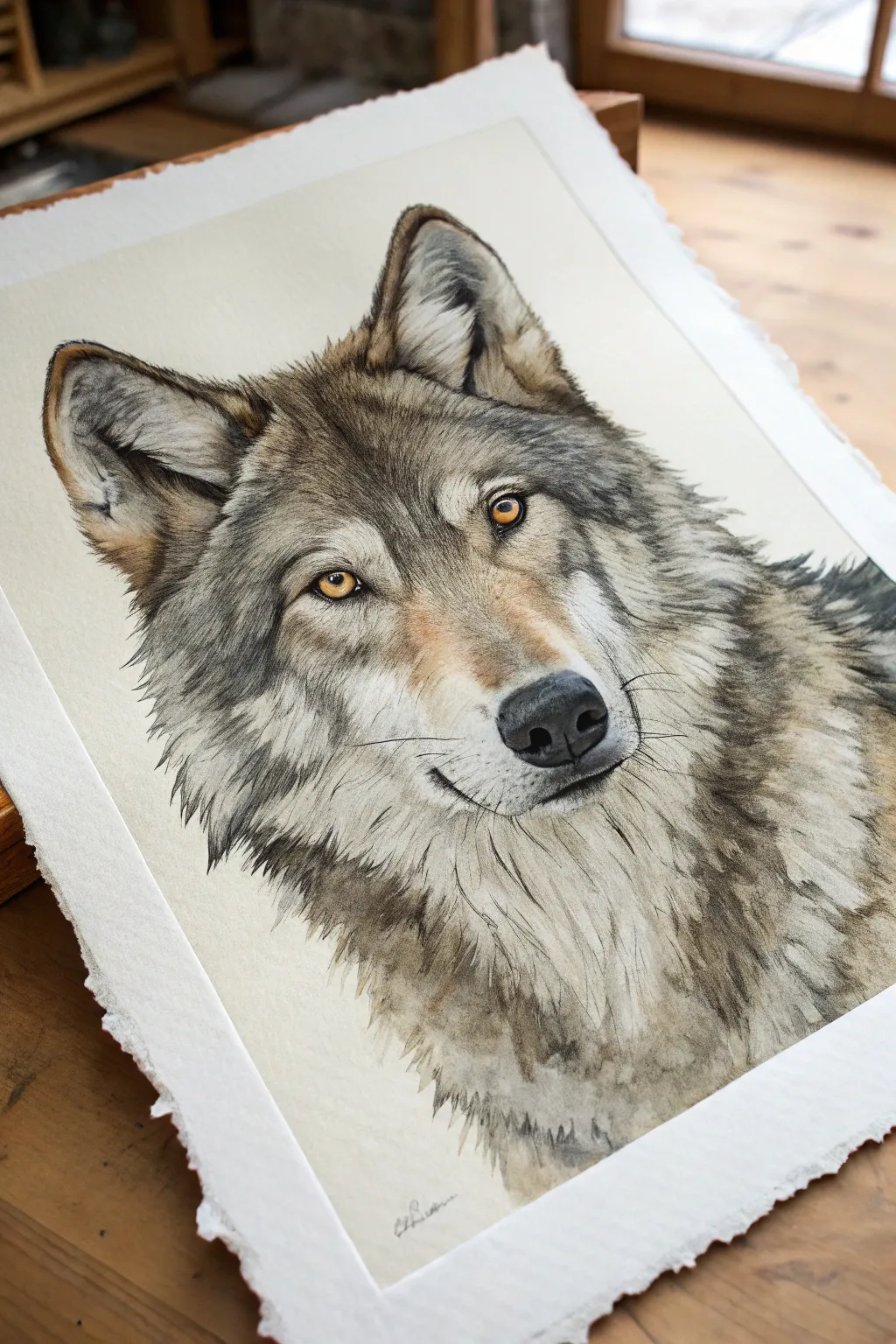 Minimalist mixed media wolf portrait with torn paper collage fur, soft neutrals, high contrast