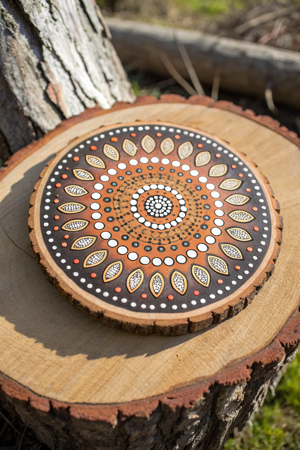 Radiating dot mandala on a natural wood slice, crisp contrast and soothing Scandinavian boho vibes.