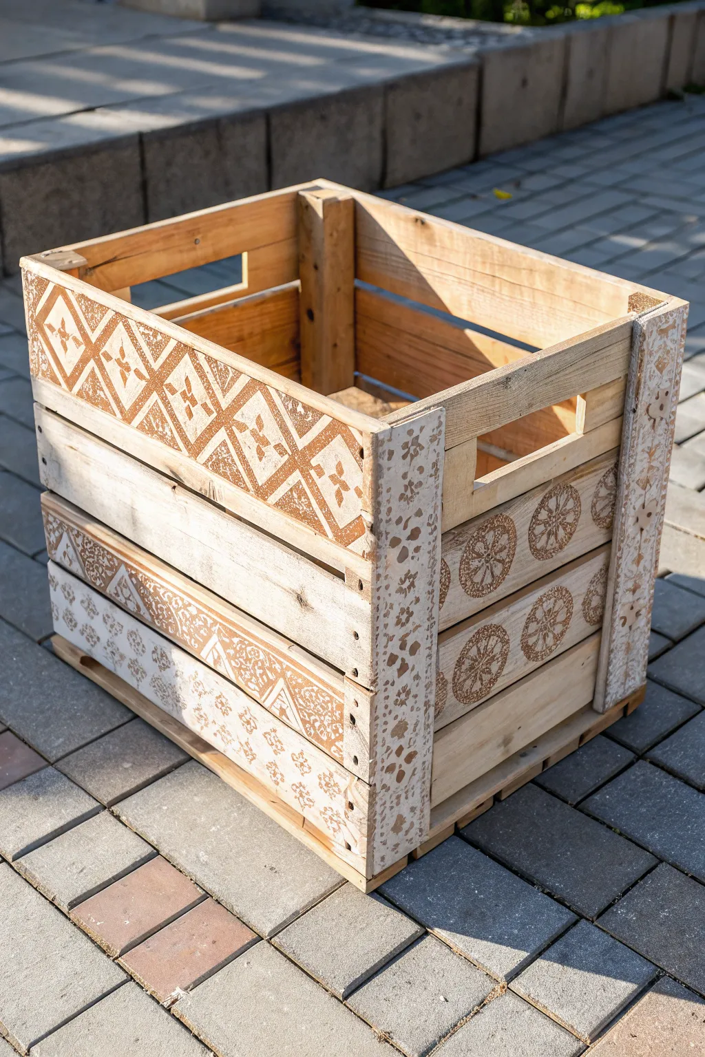 Stamped repeats turn a simple wooden crate into a handcrafted printmaking statement.