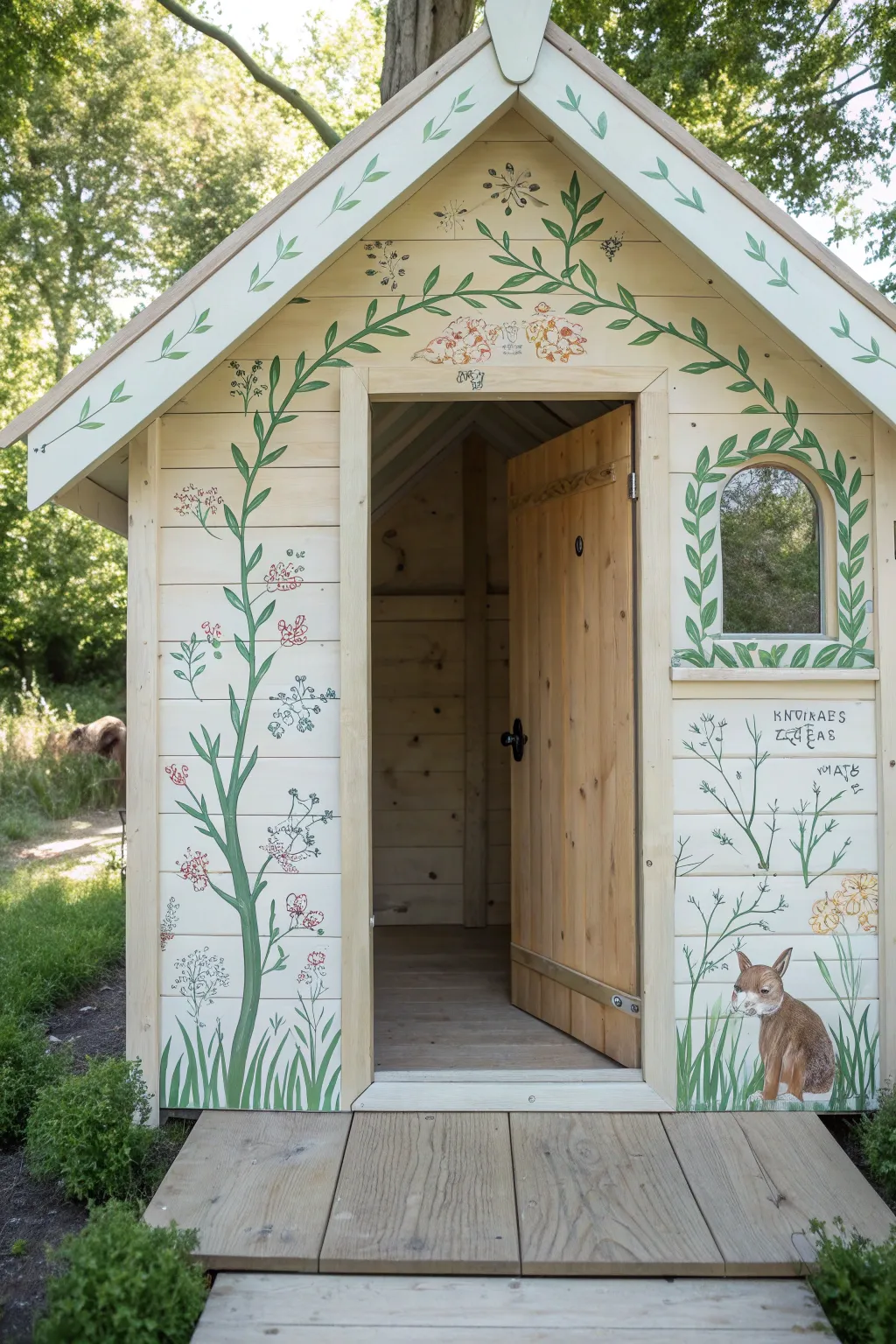 Storybook mural border turns a simple playhouse doorway into a charming handcrafted focal point