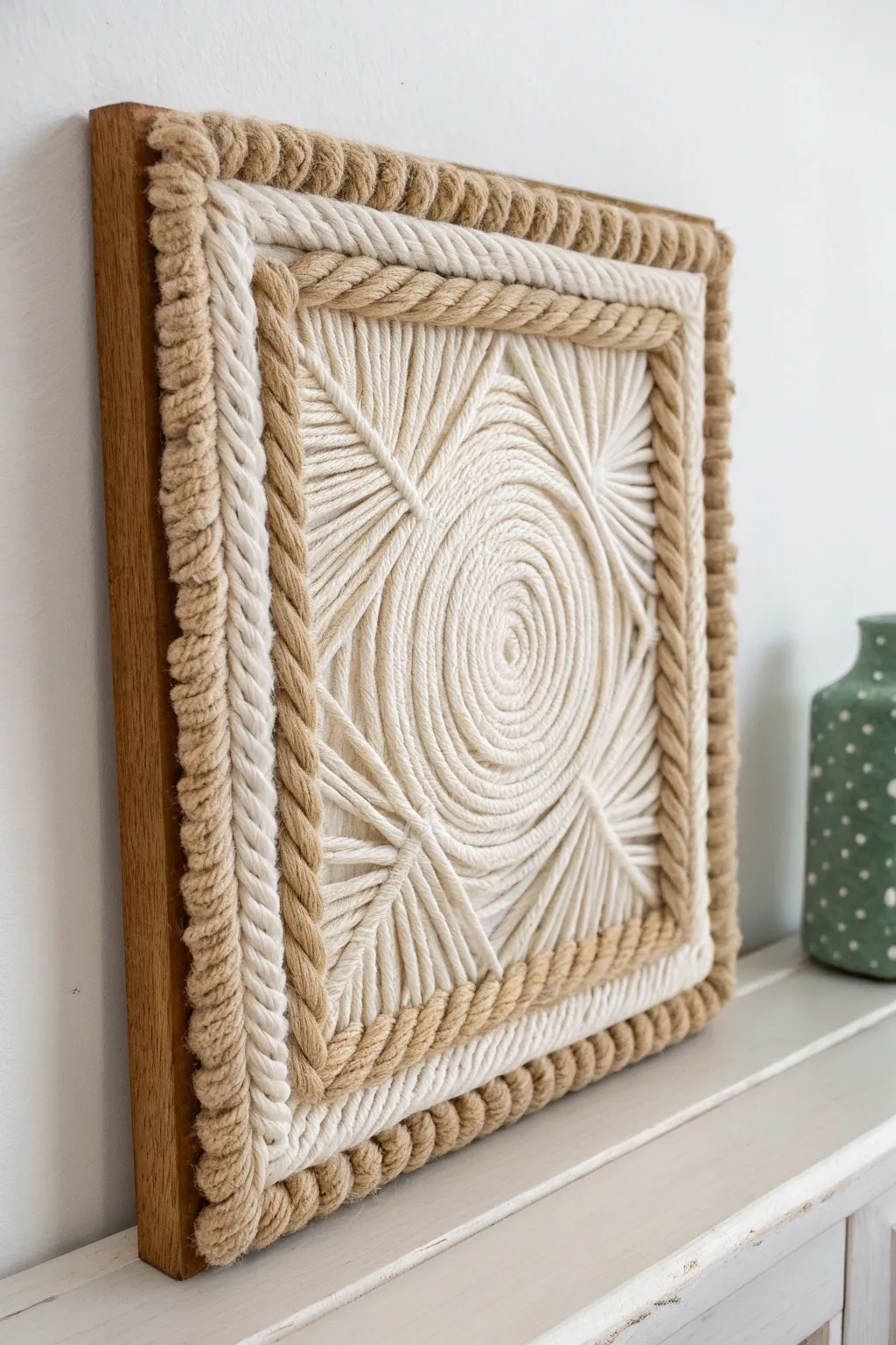 Minimal yarn painting with a raised chunky border frame, perfect for modern boho walls.
